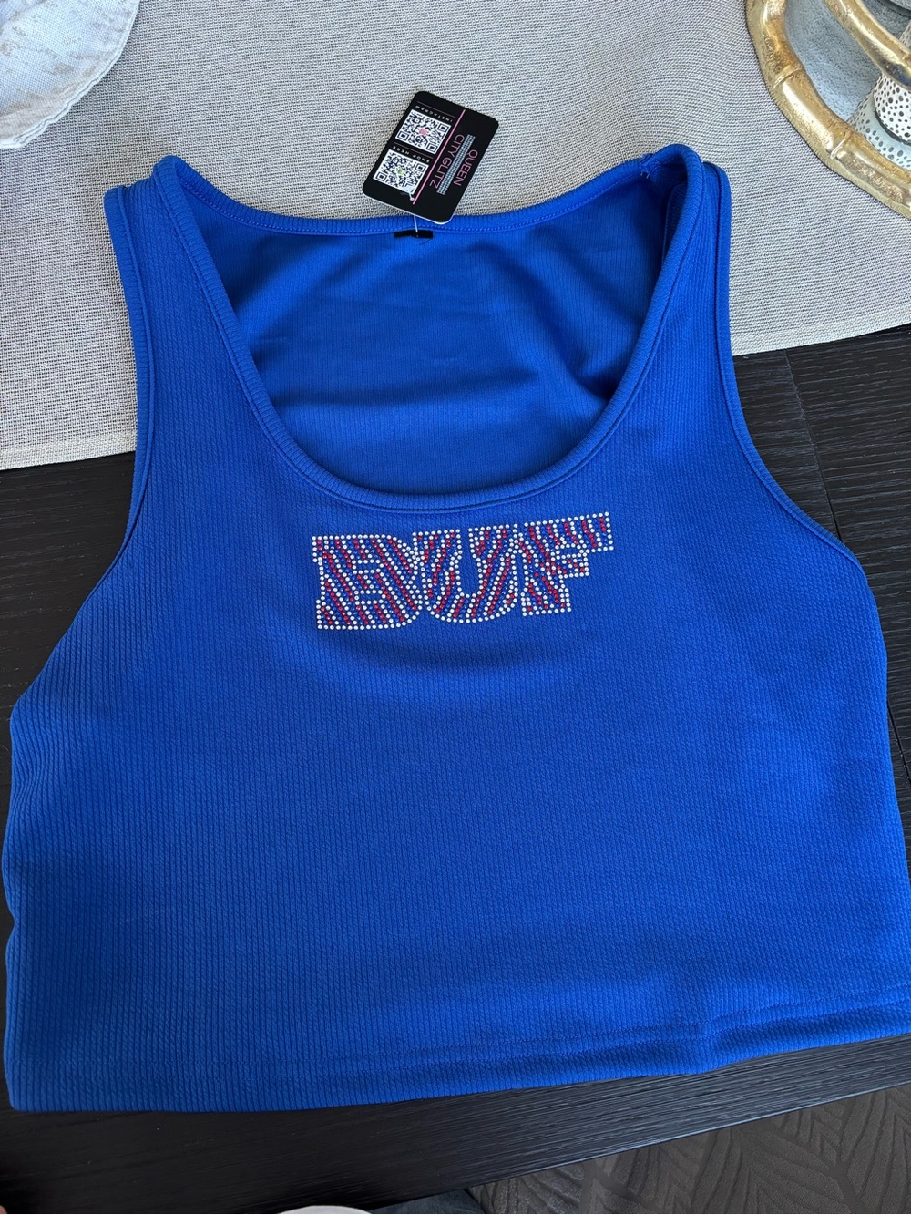 BUF Blue Crop Tank Top with Rhinestone Logo